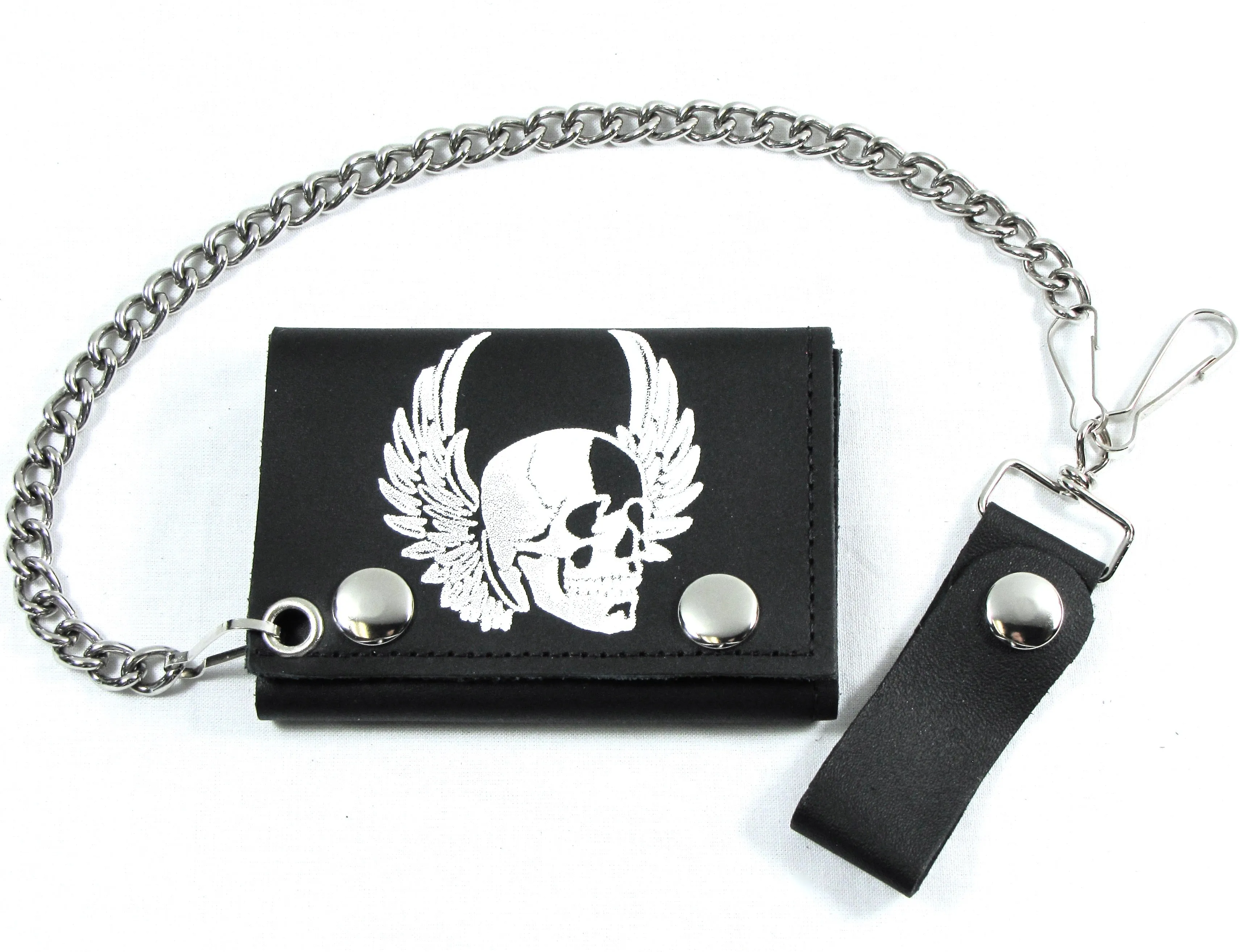 TC304-58W Tri-Fold Wallet w/Chain - White Skull w/ Wings