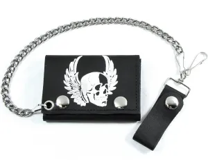 TC304-58W Tri-Fold Wallet w/Chain - White Skull w/ Wings
