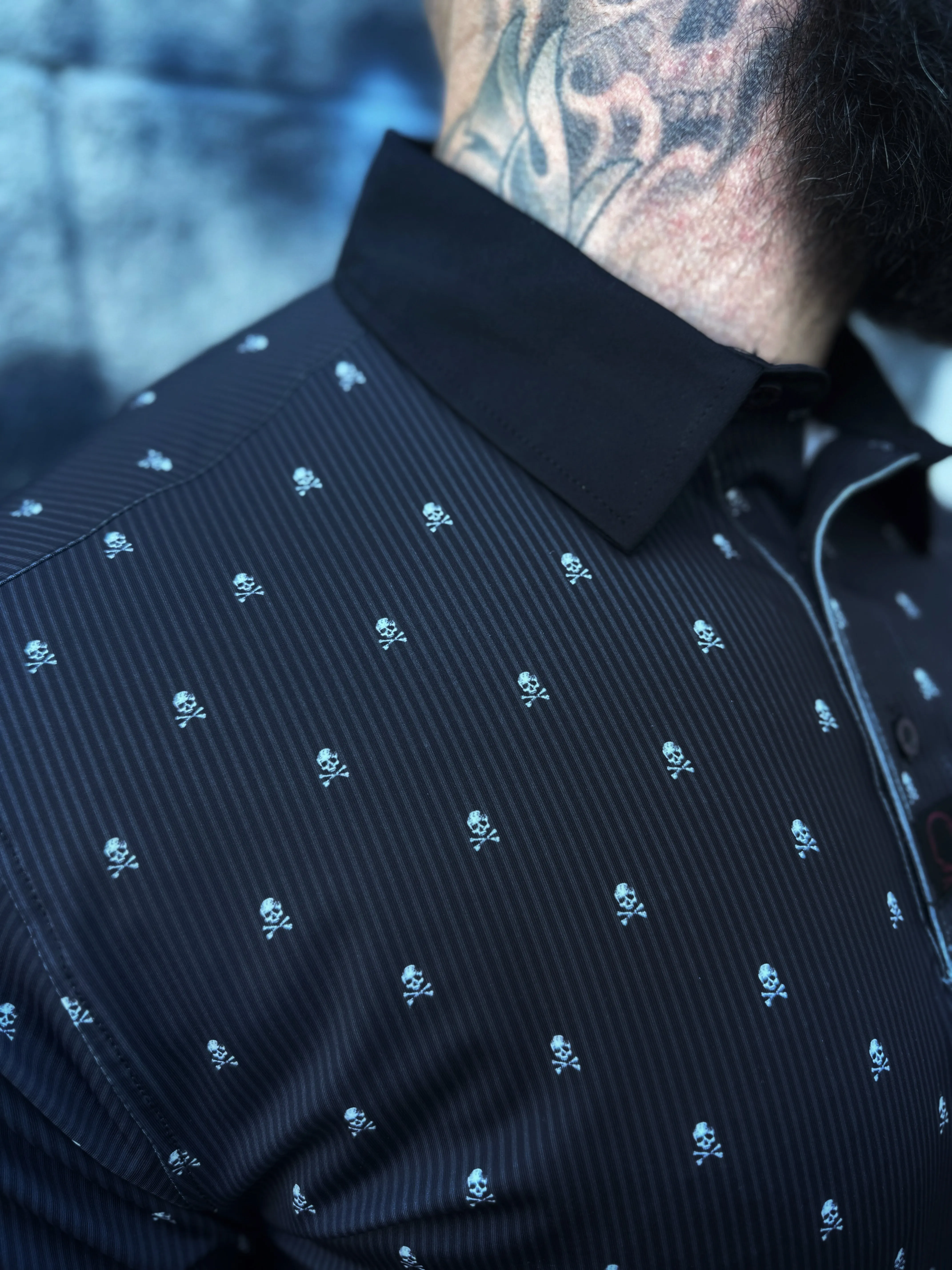 TDC INFINITI SKULL PIN STRIPPED POLO