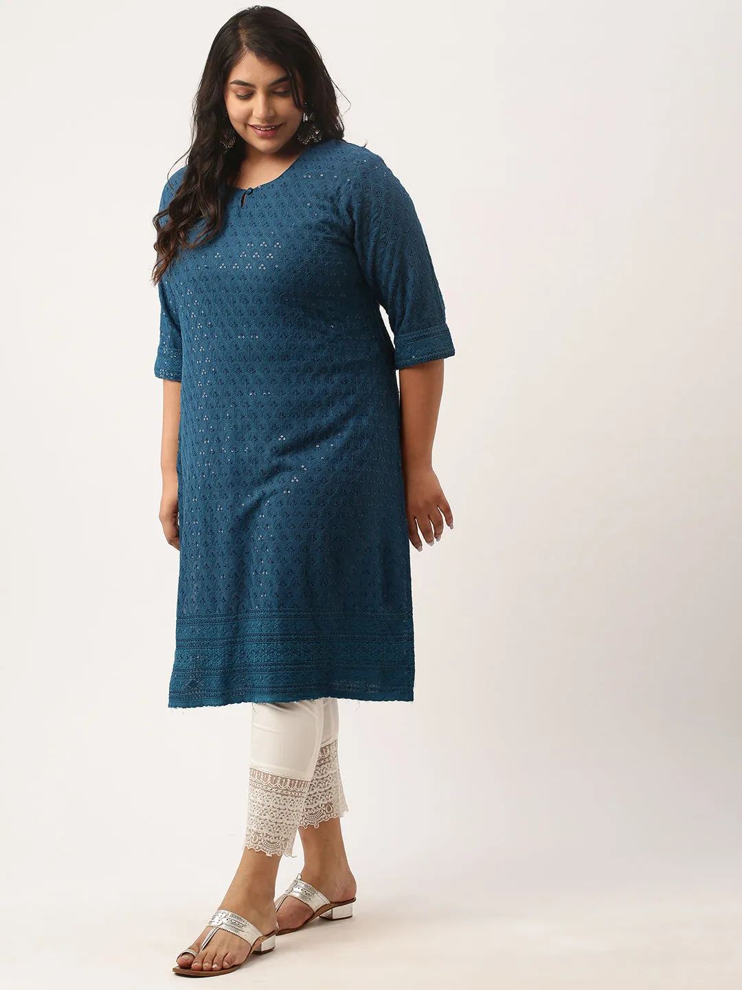 Teal Rayon Keyhole Neck 3/4th Sleeves Chikankari Embroidery Ethnic Wear Kurta For Women - ZOLA