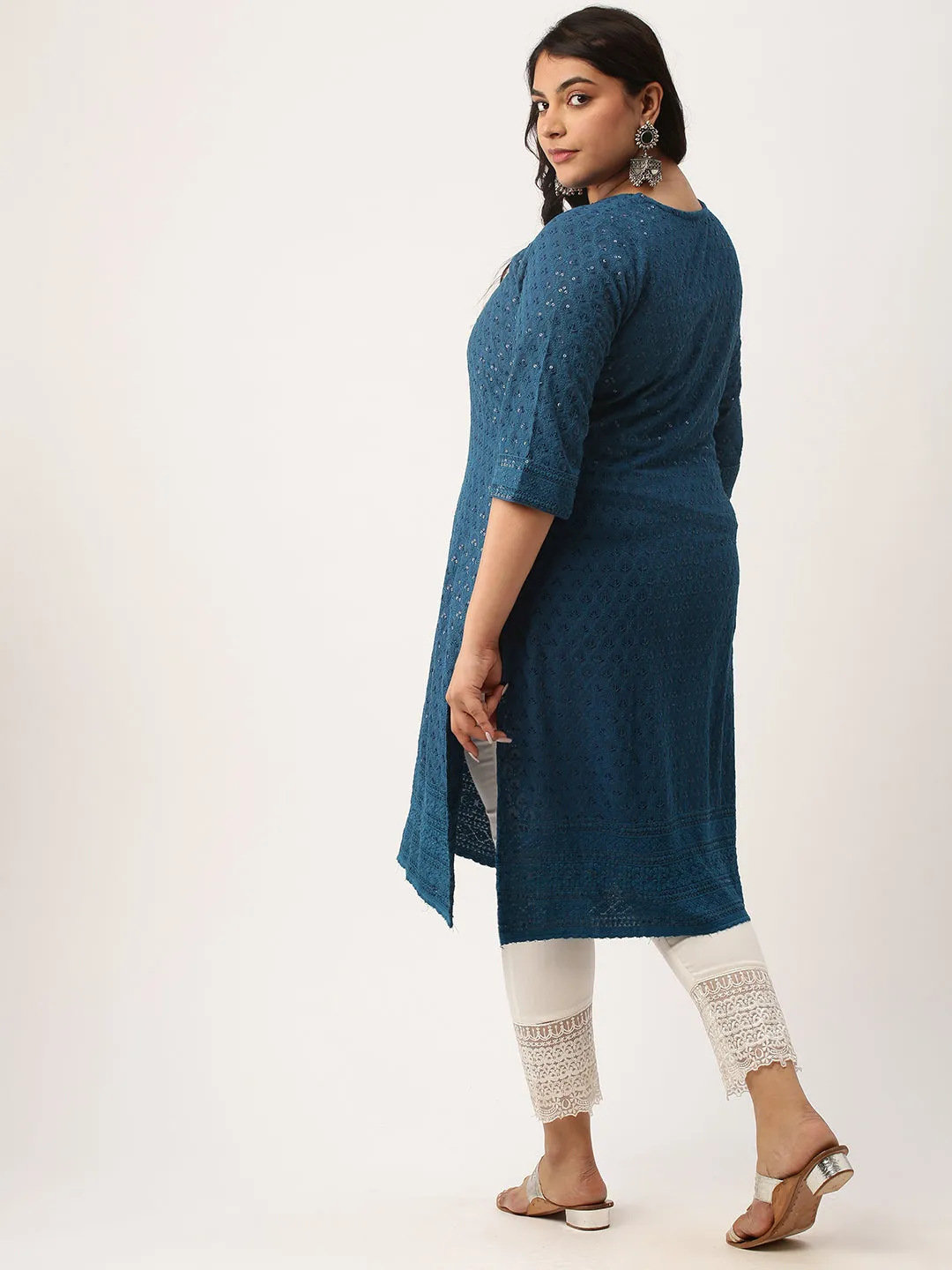 Teal Rayon Keyhole Neck 3/4th Sleeves Chikankari Embroidery Ethnic Wear Kurta For Women - ZOLA