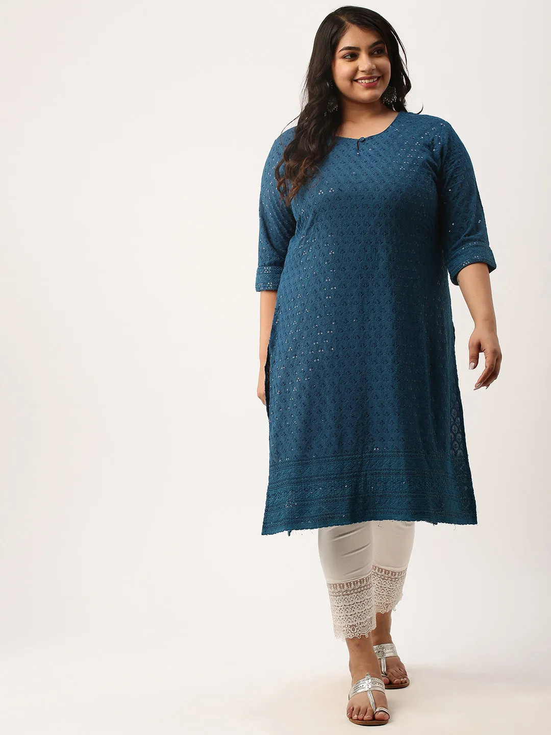 Teal Rayon Keyhole Neck 3/4th Sleeves Chikankari Embroidery Ethnic Wear Kurta For Women - ZOLA