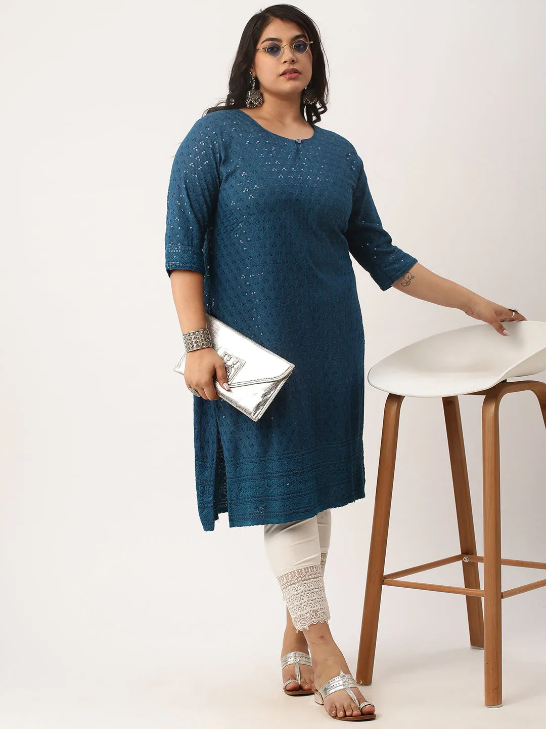 Teal Rayon Keyhole Neck 3/4th Sleeves Chikankari Embroidery Ethnic Wear Kurta For Women - ZOLA