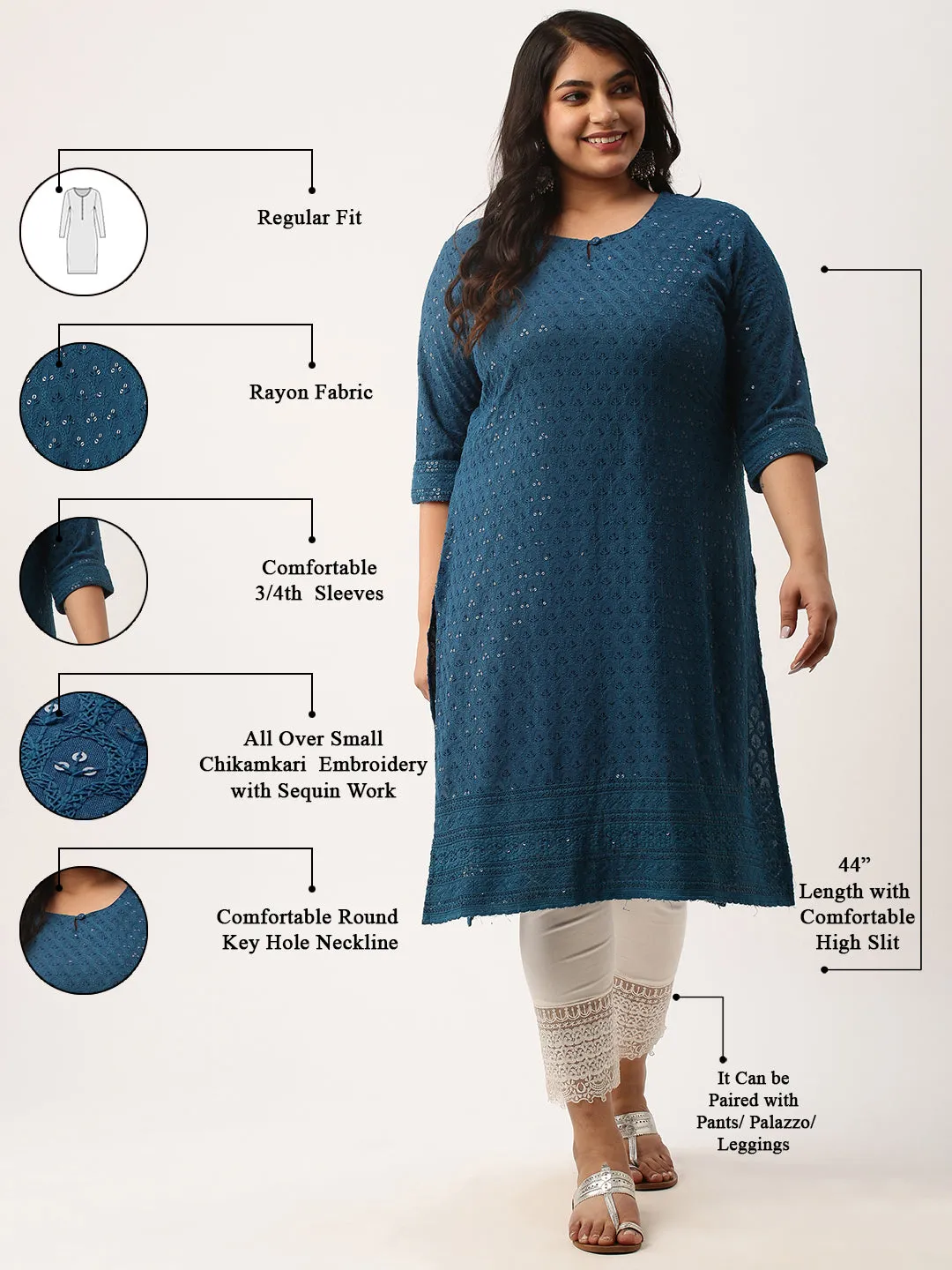 Teal Rayon Keyhole Neck 3/4th Sleeves Chikankari Embroidery Ethnic Wear Kurta For Women - ZOLA