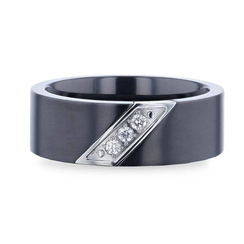 Thorsten JAGUAR Flat Brushed Black Titanium Men's Wedding Band With Small Silver-Coated Diagonal Design And A Set of 3 Diamonds - 8mm