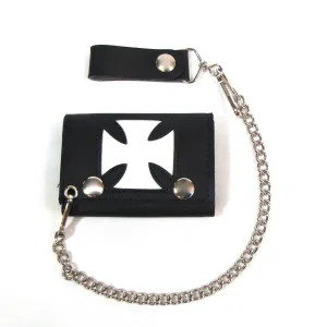 Tri-Fold Wallet w/ Chain- Cut-Out White Iron Cross