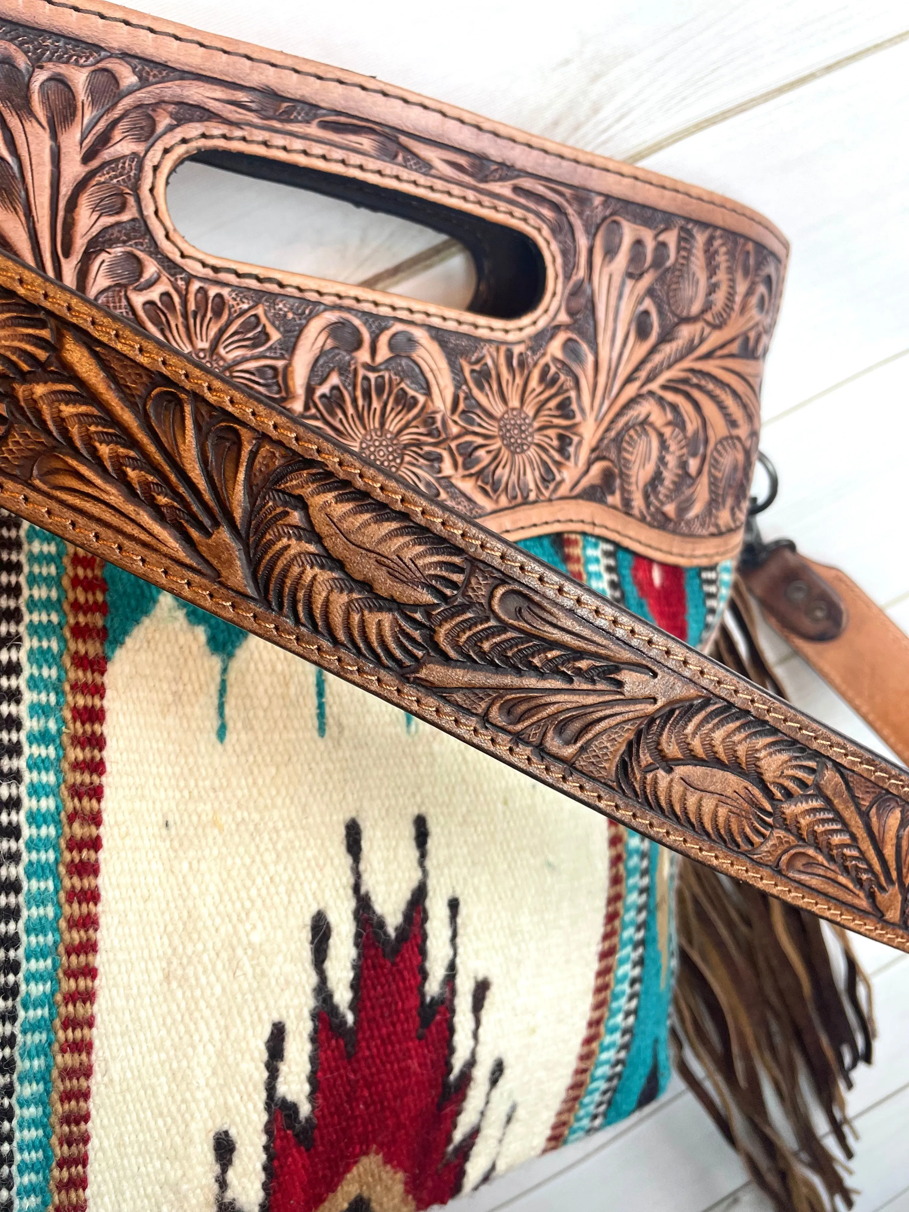 Valley Teal, Red Tan Diamond Wool Leather Clutch Fringe Bag