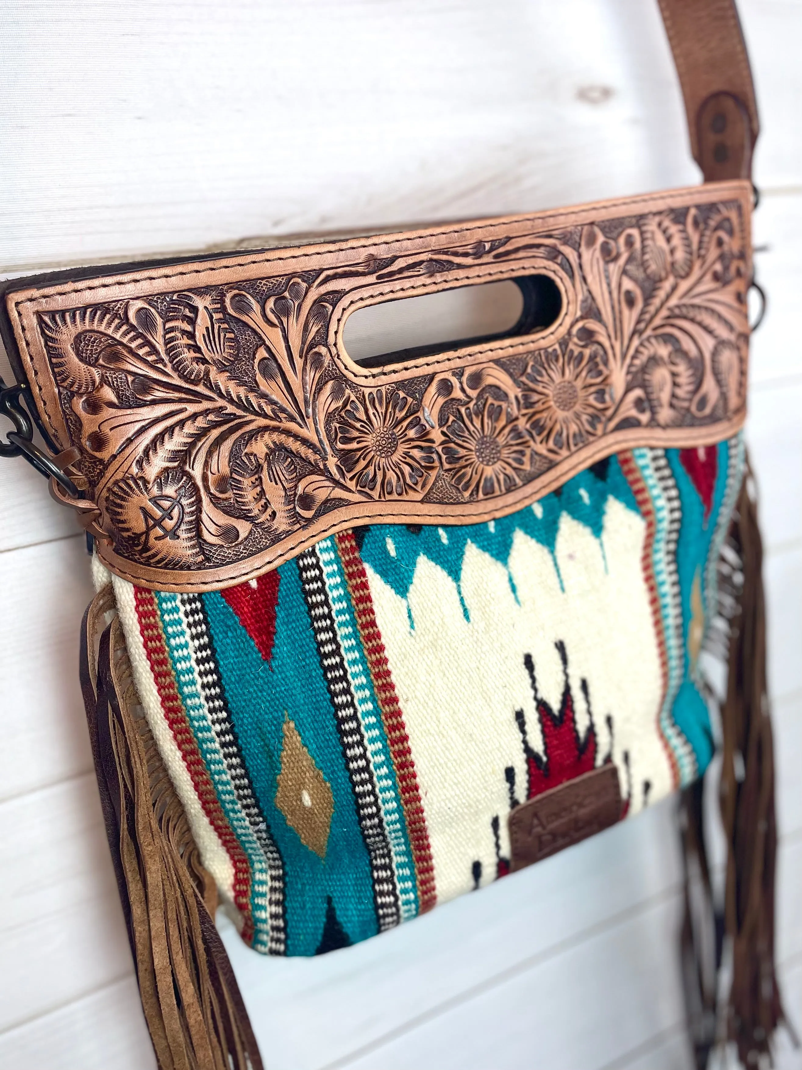 Valley Teal, Red Tan Diamond Wool Leather Clutch Fringe Bag