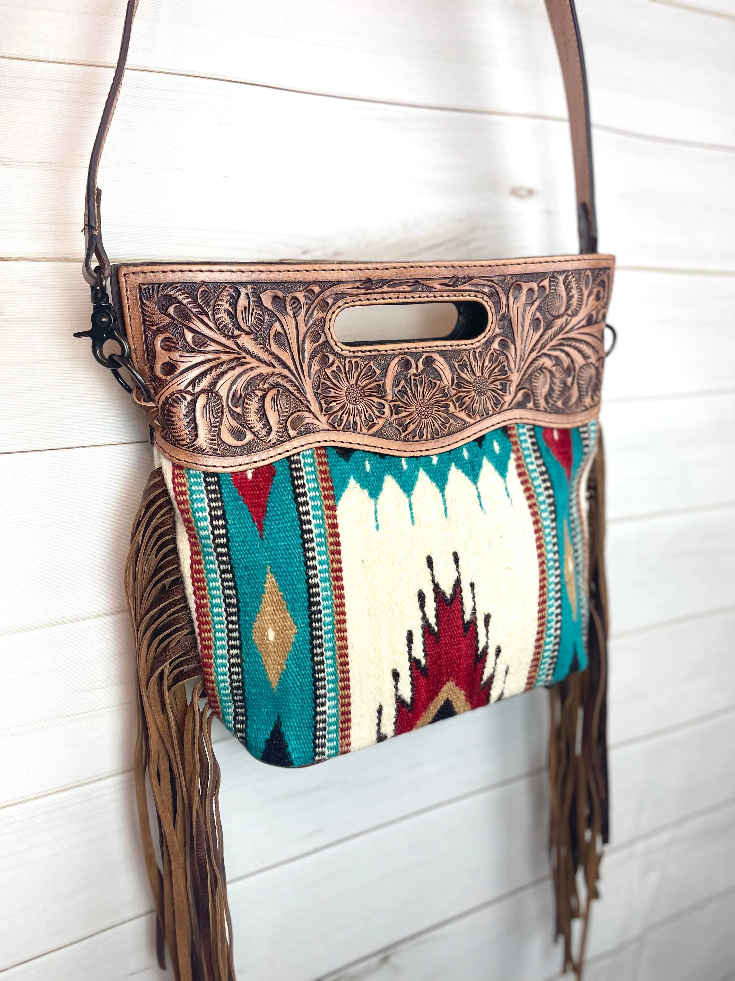 Valley Teal, Red Tan Diamond Wool Leather Clutch Fringe Bag