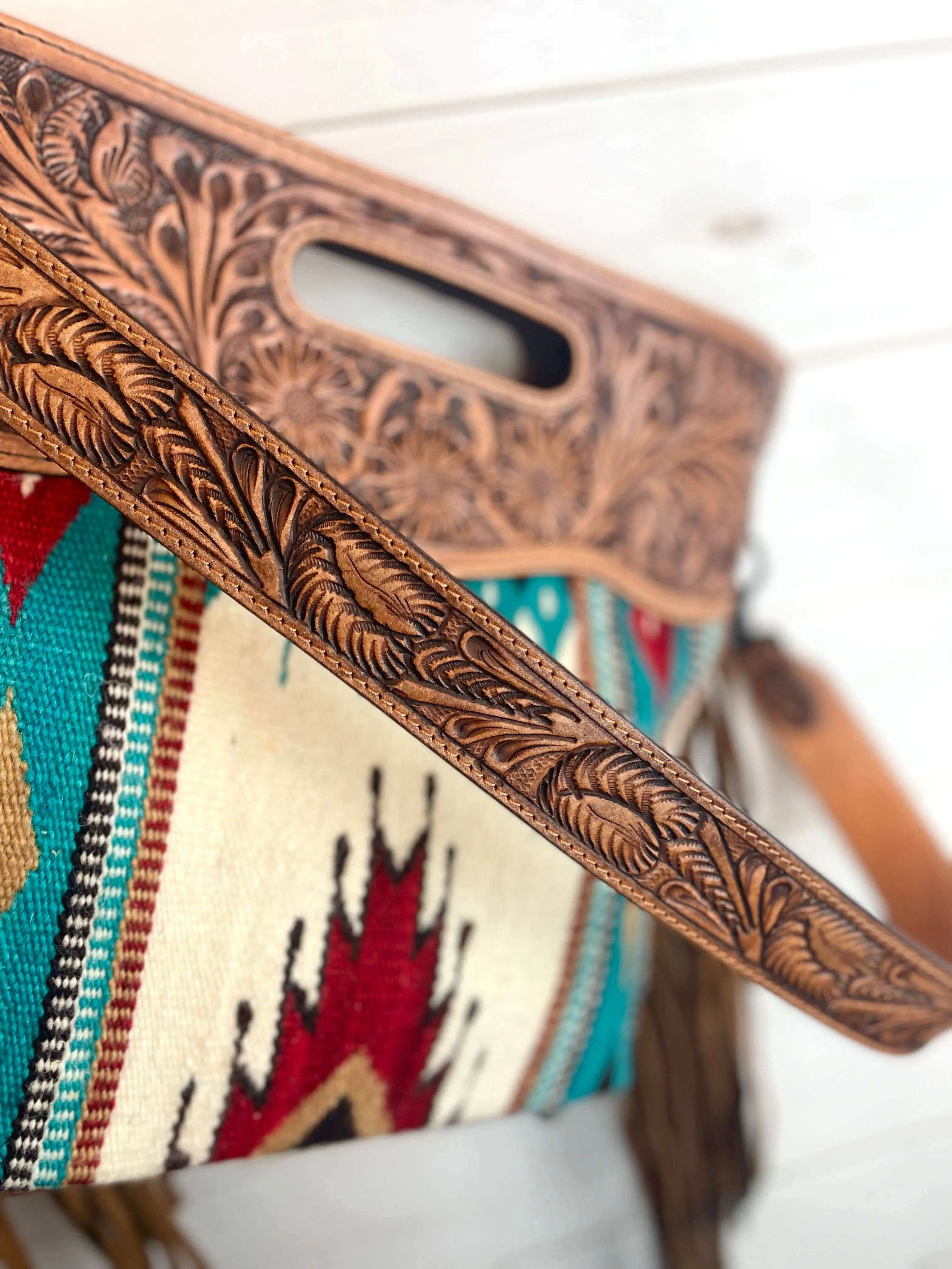 Valley Teal, Red Tan Diamond Wool Leather Clutch Fringe Bag