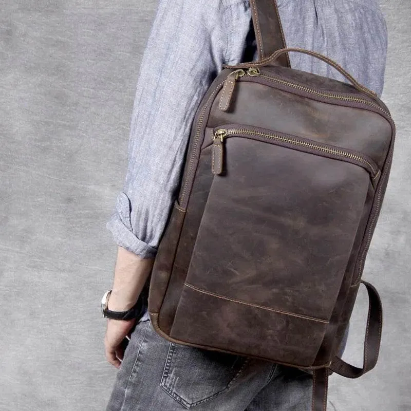 Vintage Men's Crazy Horse Leather Backpack Travel Rucksack Bag