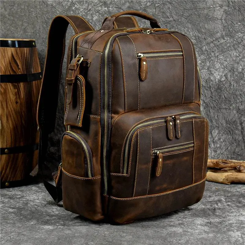 Vintage Men's Crazy Horse Leather Backpack Travel Rucksack Bag