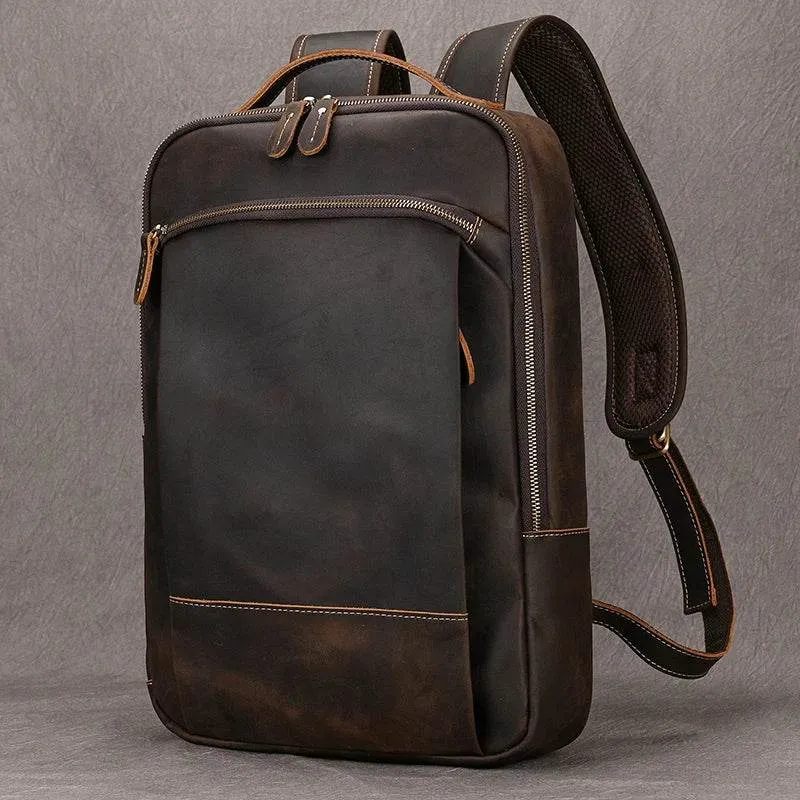 Vintage Men's Crazy Horse Leather Backpack Travel Rucksack Bag
