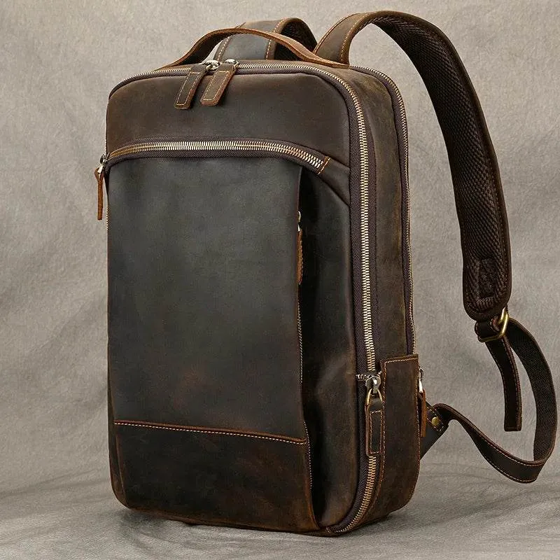 Vintage Men's Crazy Horse Leather Backpack Travel Rucksack Bag