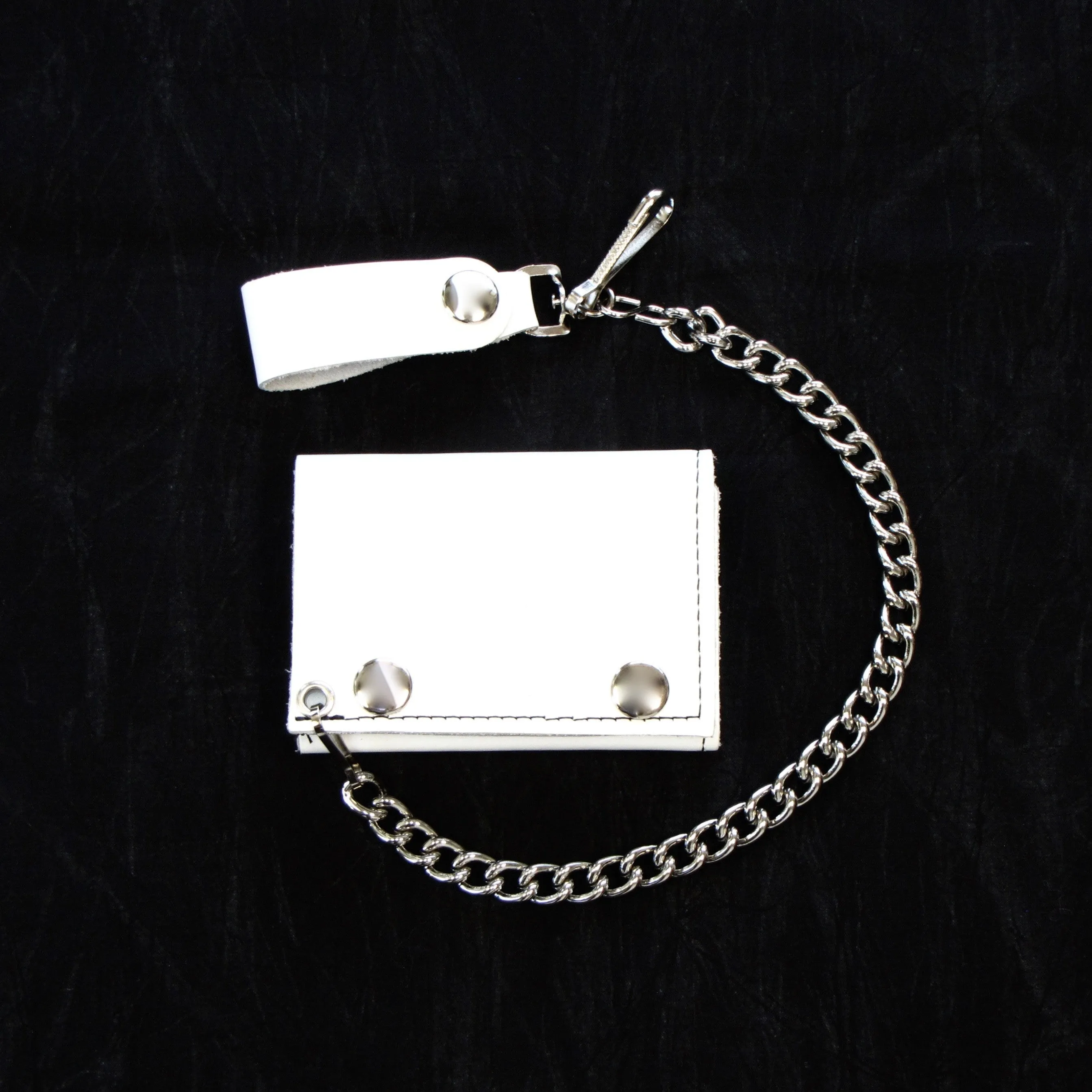 White Leather Tri-Fold Wallet w/ Chain