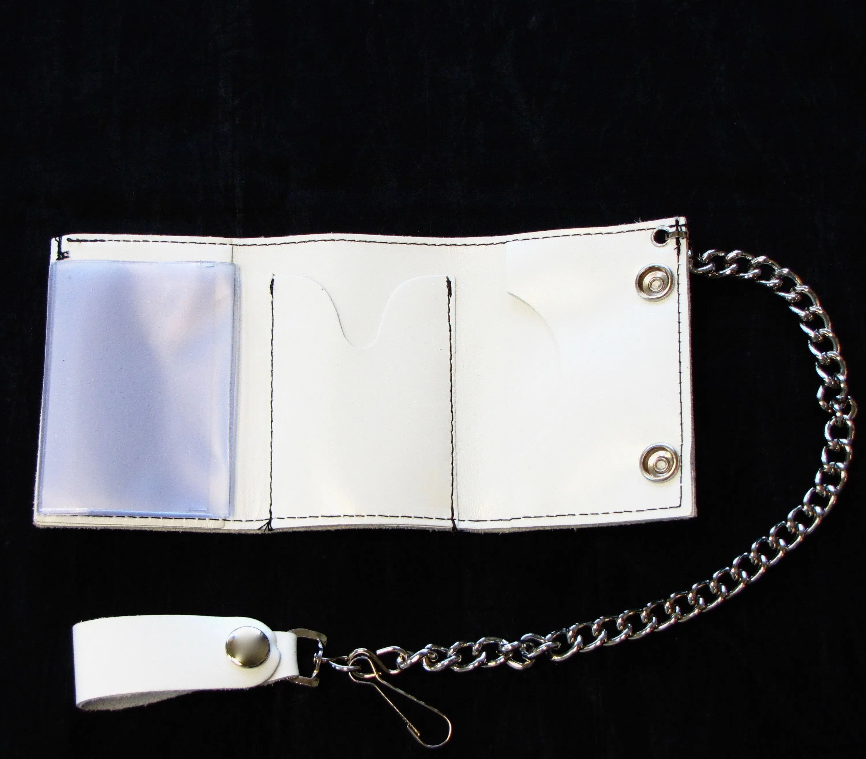 White Leather Tri-Fold Wallet w/ Chain