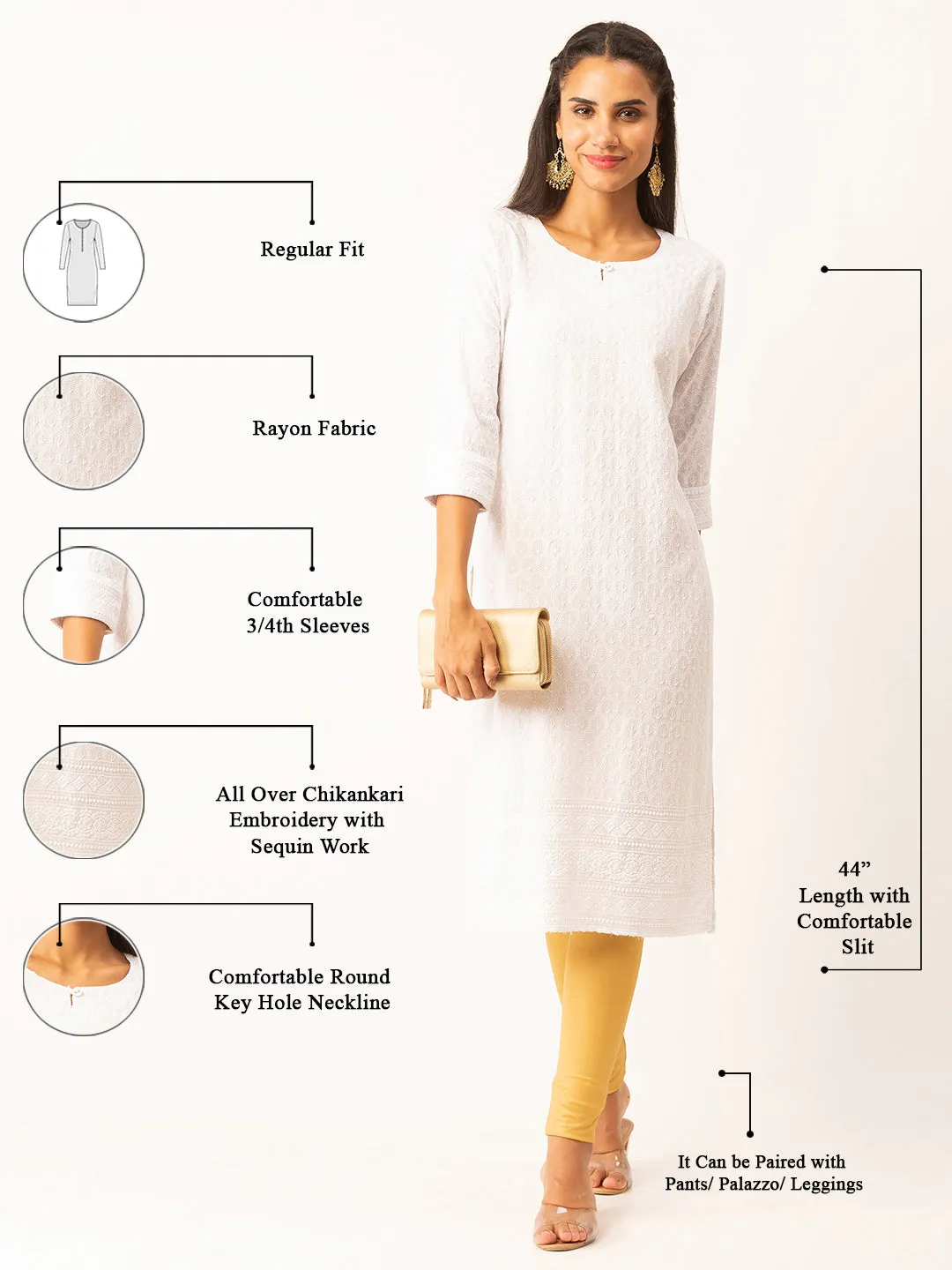 White Rayon Keyhole Neck 3/4th Sleeves Chikankari Embroidery Ethnic Wear Kurta For Women - ZOLA