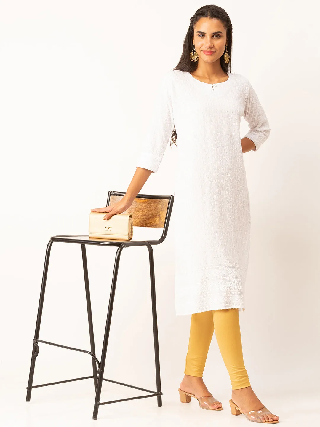 White Rayon Keyhole Neck 3/4th Sleeves Chikankari Embroidery Ethnic Wear Kurta For Women - ZOLA