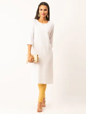 White Rayon Keyhole Neck 3/4th Sleeves Chikankari Embroidery Ethnic Wear Kurta For Women - ZOLA