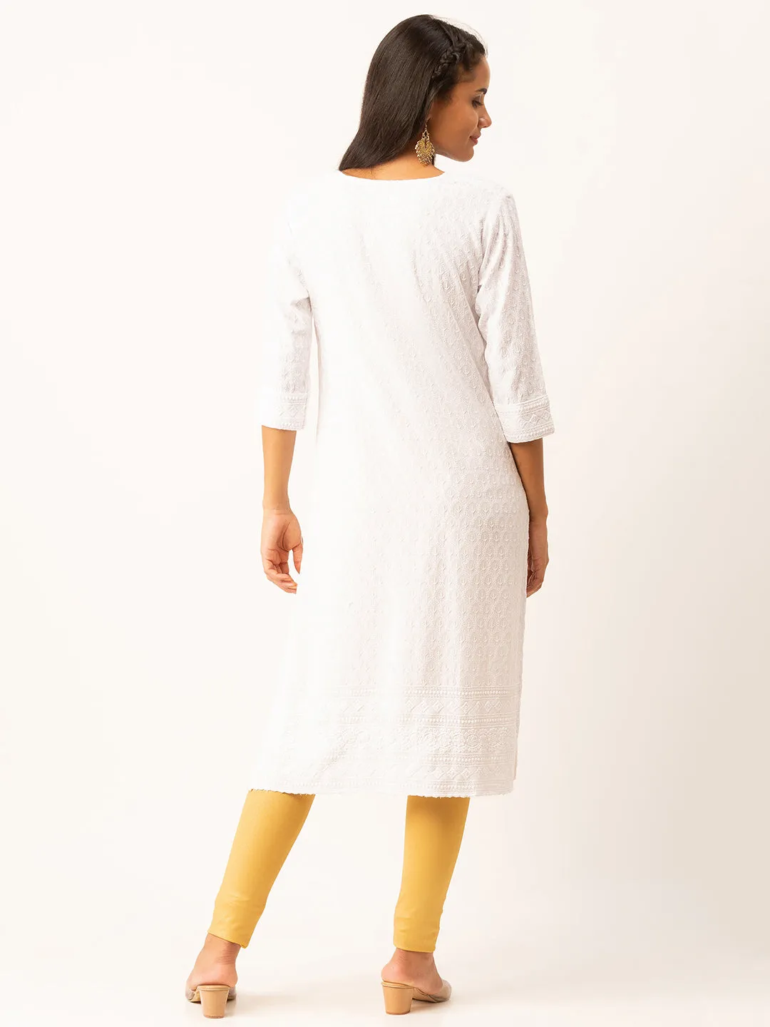 White Rayon Keyhole Neck 3/4th Sleeves Chikankari Embroidery Ethnic Wear Kurta For Women - ZOLA