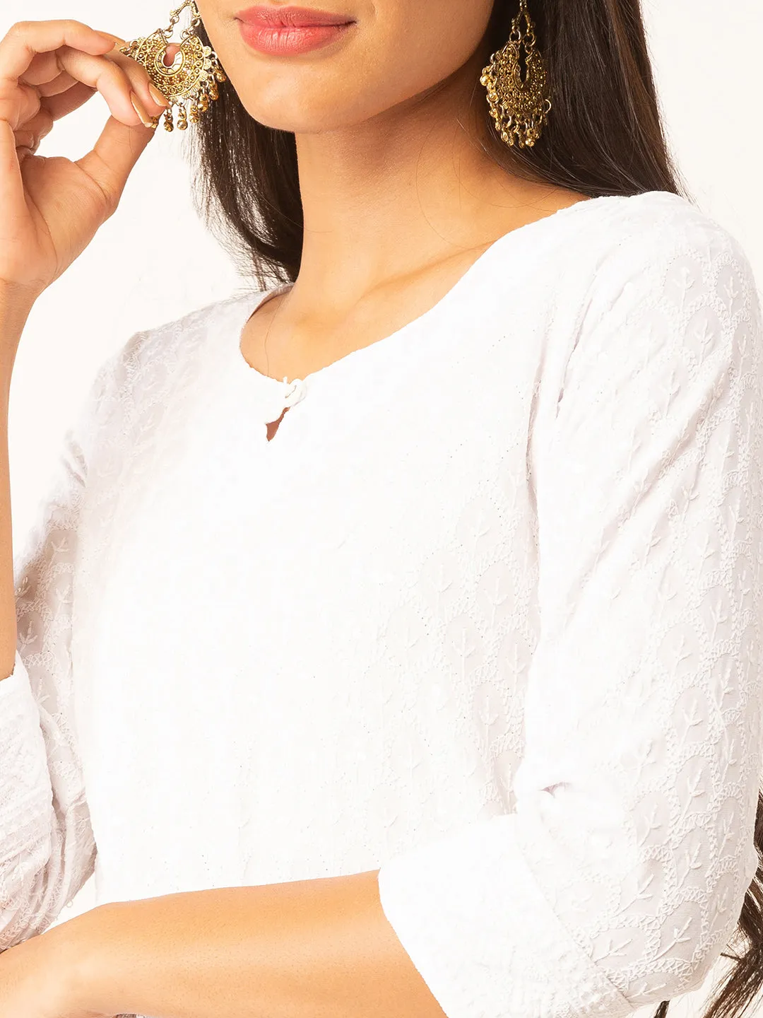 White Rayon Keyhole Neck 3/4th Sleeves Chikankari Embroidery Ethnic Wear Kurta For Women - ZOLA
